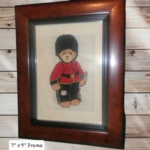Framed 7" x 9" Cross Stitch Buckingham Palace Guard Teddy Bear - One of a Kind!